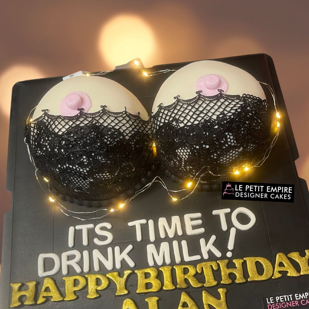 Naughty Adult Prank Fondant Cake - 3D Black Lace Boobs - LE PETIT