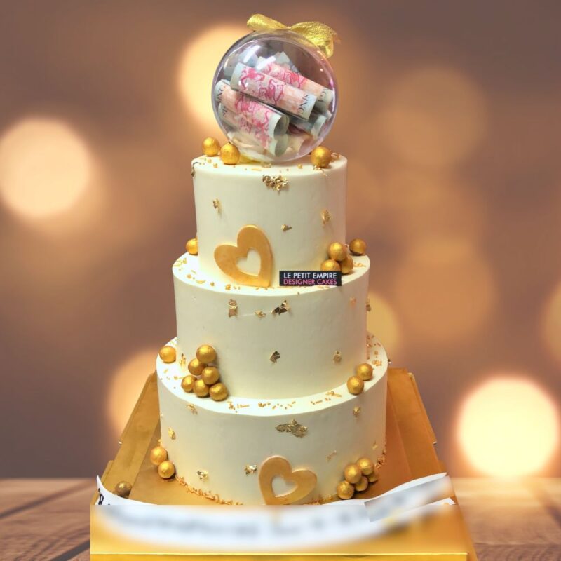 3 Tier Money Ball - Gold Heart Cake
